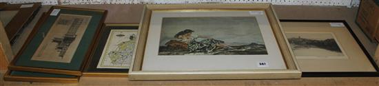 After Sir William Russell Flint print of Naomi, R G Wadsworth etching Lancaster from the aquaduct, pair engravings & framed map